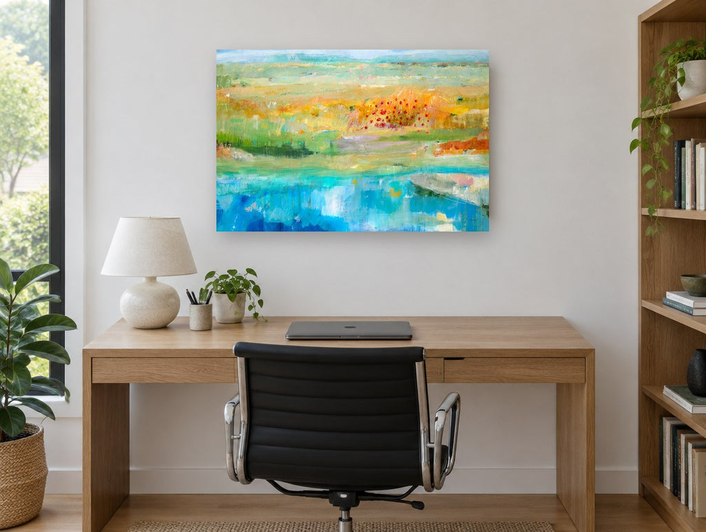Poppy Meadow Pool landscape canvas print on the wall of a study