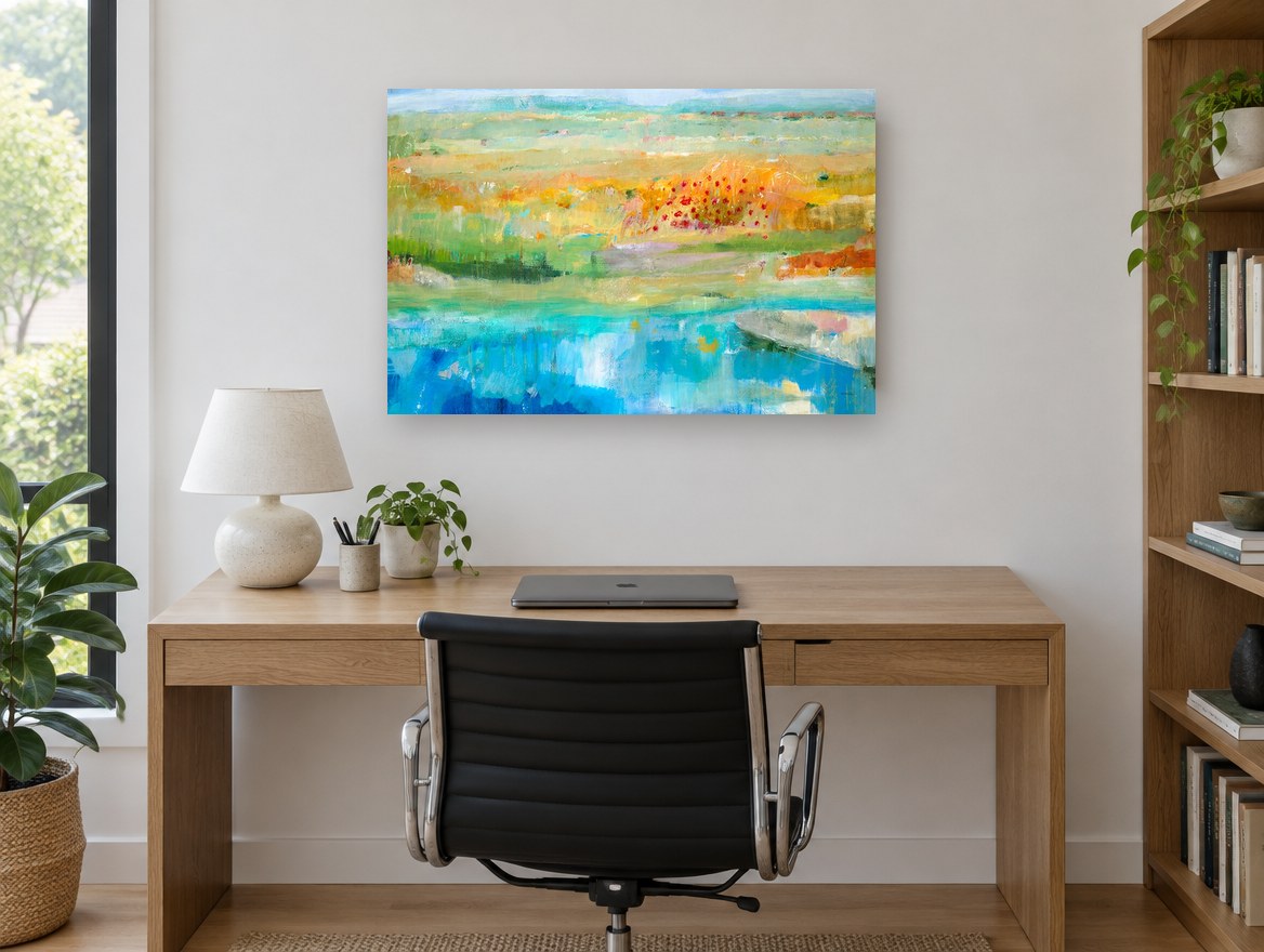 Poppy Meadow Pool landscape canvas print on the wall of a study