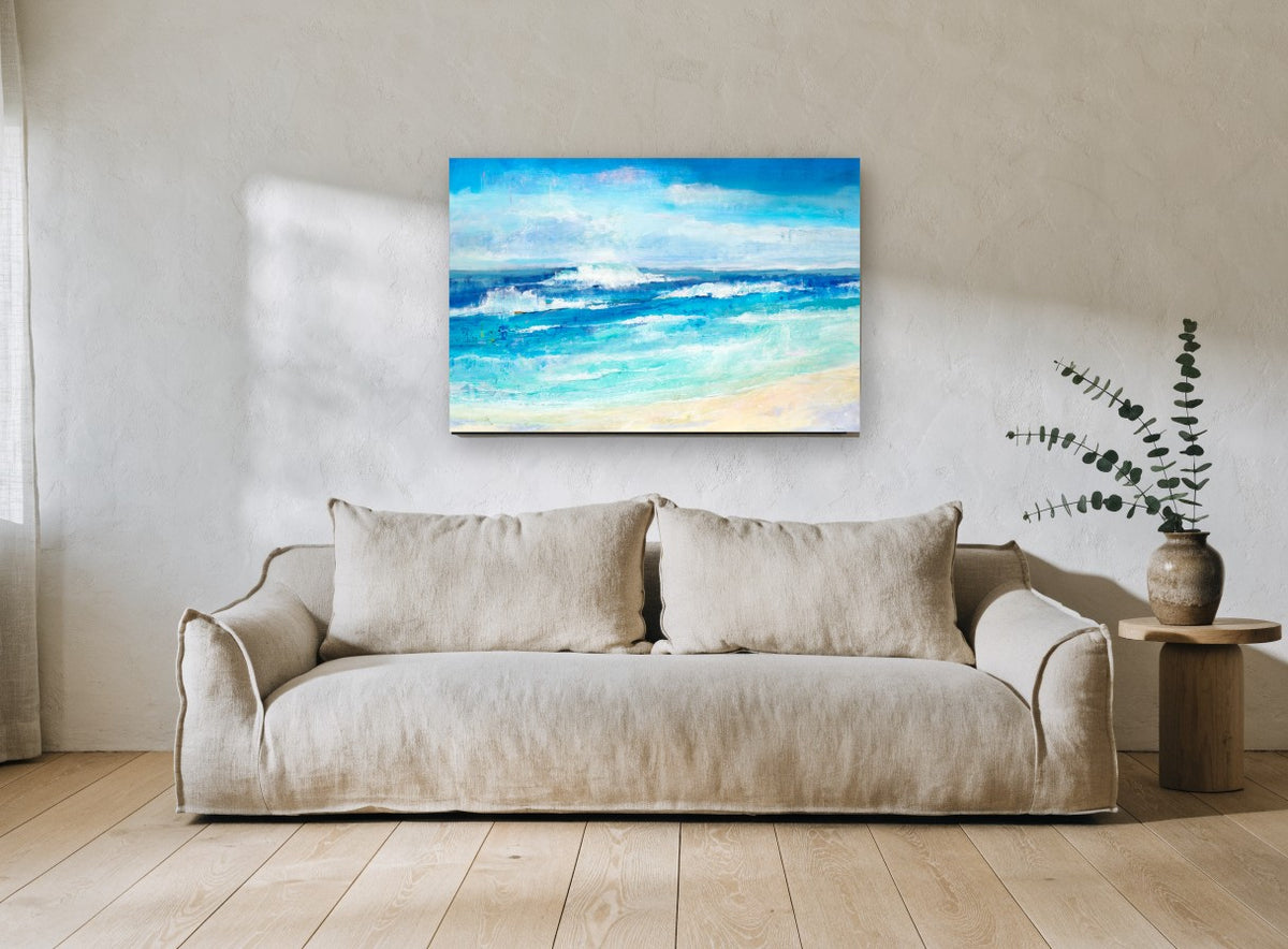 Turquoise Shore Break coastal canvas print on the wall of a living room
