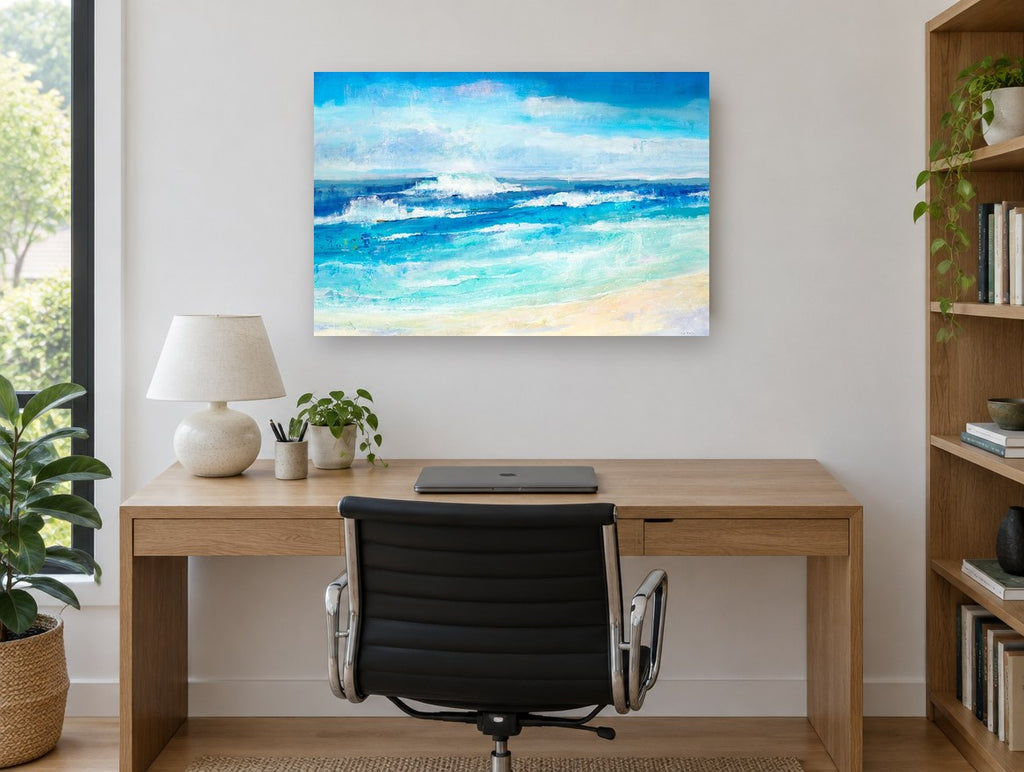 Turquoise Shore Break coastal canvas print on the wall of a study