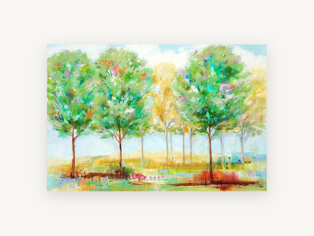 Spring Grove Light, bright spring trees painterly landscape, landscape canvas wall art print, front view