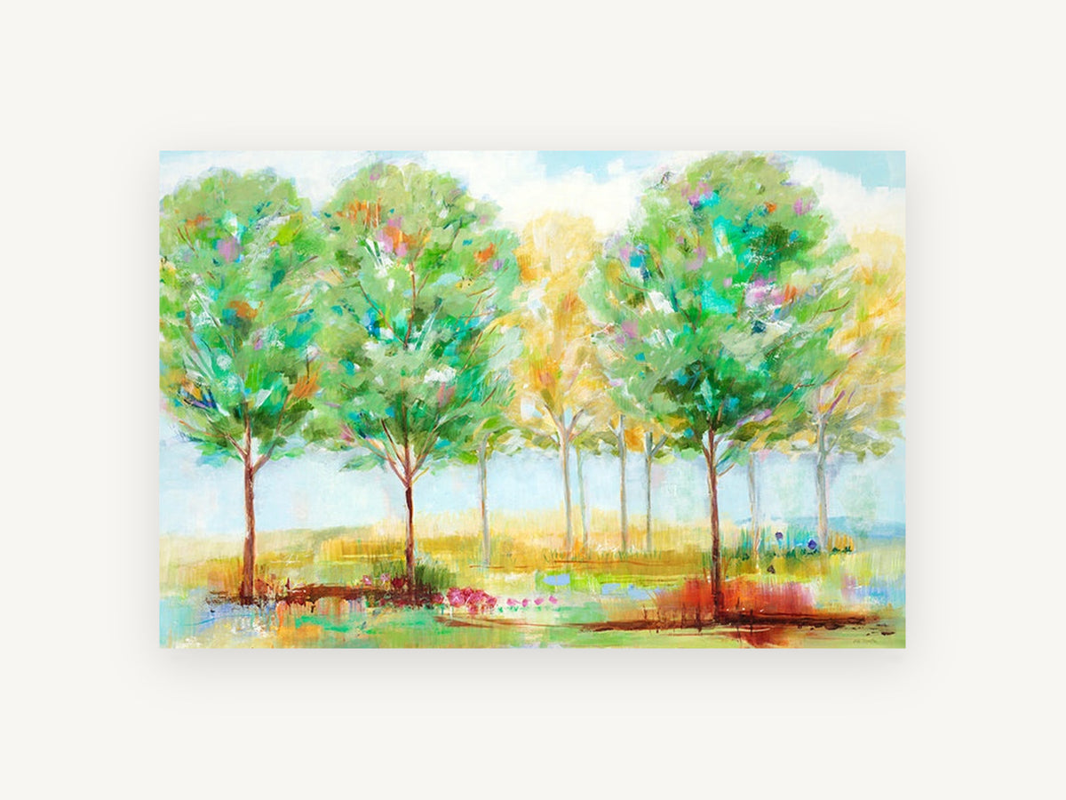 Spring Grove Light, bright spring trees painterly landscape, landscape canvas wall art print, front view