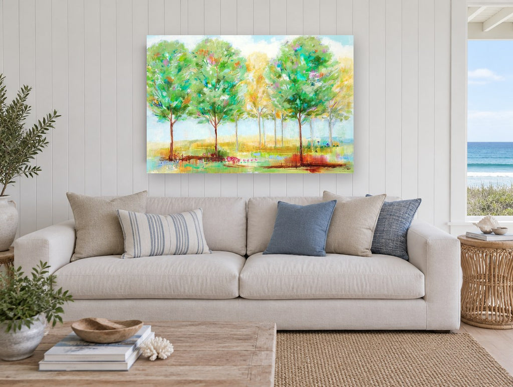 Spring Grove Light landscape canvas print on the wall of a beach house living room