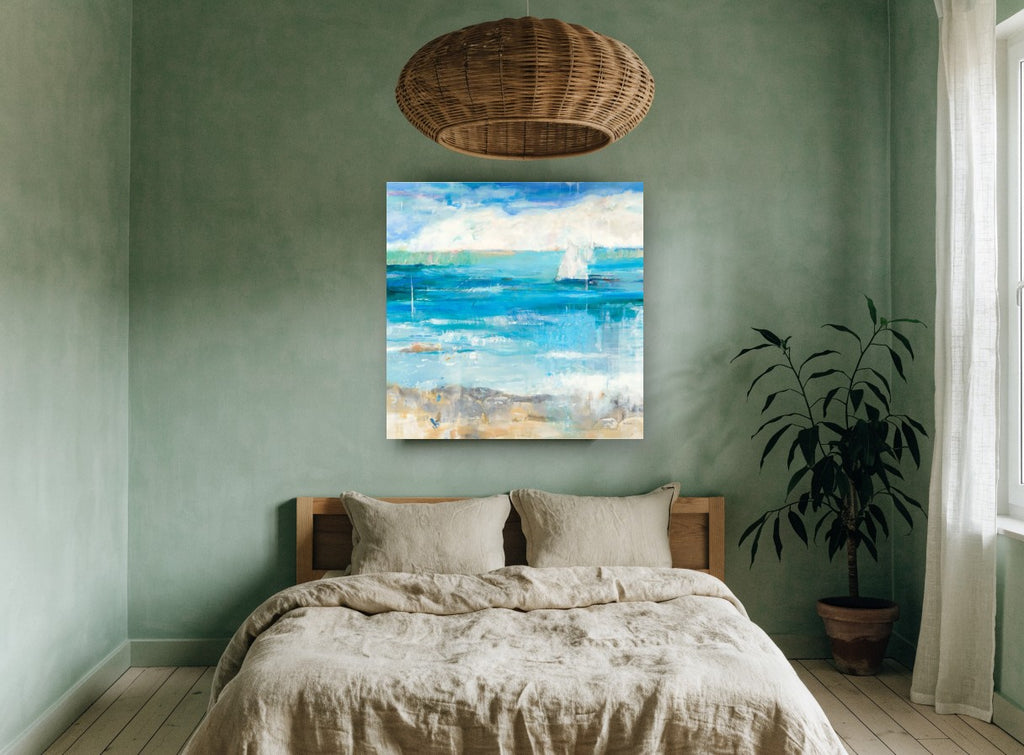 Sail Beyond the Shallows coastal canvas print on the wall of a bedroom