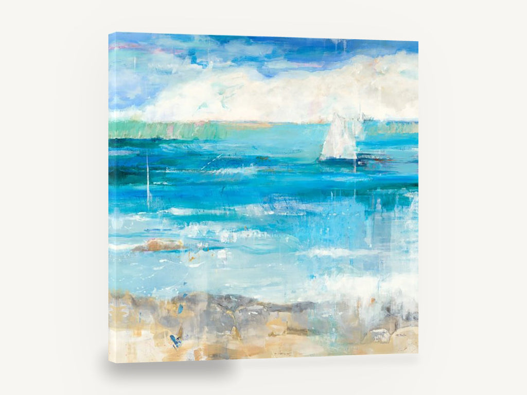 Sail Beyond the Shallows, abstract sailboat seascape painting style, coastal canvas wall art print ready to hang