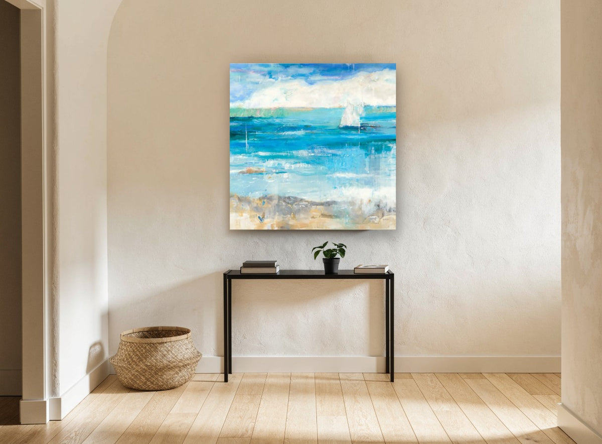 Sail Beyond the Shallows coastal canvas print on the wall of a hallway