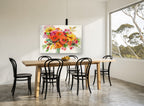 Bright Bouquet Burst floral canvas print on the wall of a dining room