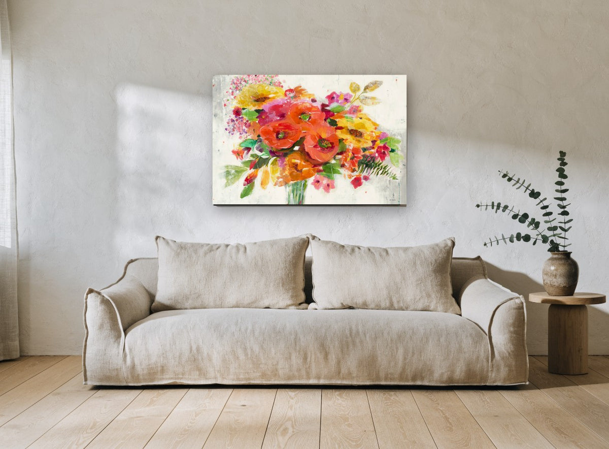 Bright Bouquet Burst floral canvas print on the wall of a living room