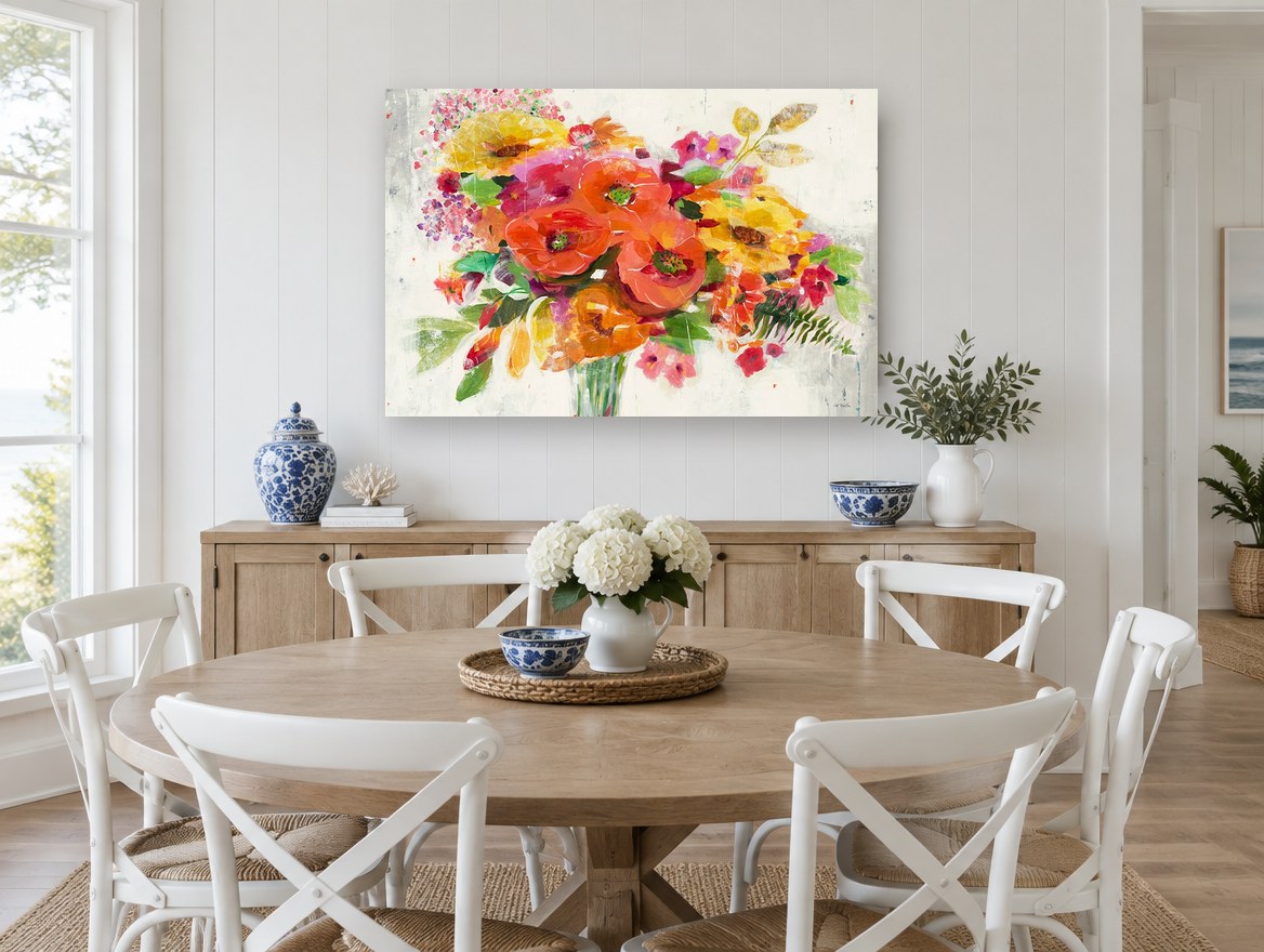 Bright Bouquet Burst floral canvas print on the wall of a Hamptons dining room