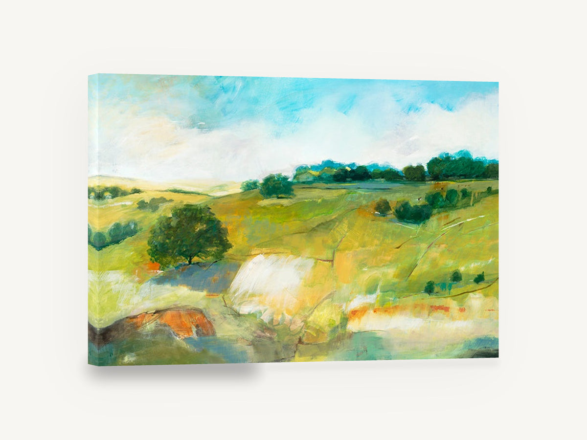 Green Hills Clearing, rolling green hills landscape painting, landscape canvas wall art print ready to hang