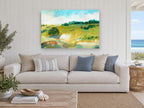 Green Hills Clearing landscape canvas print on the wall of a beach house living room