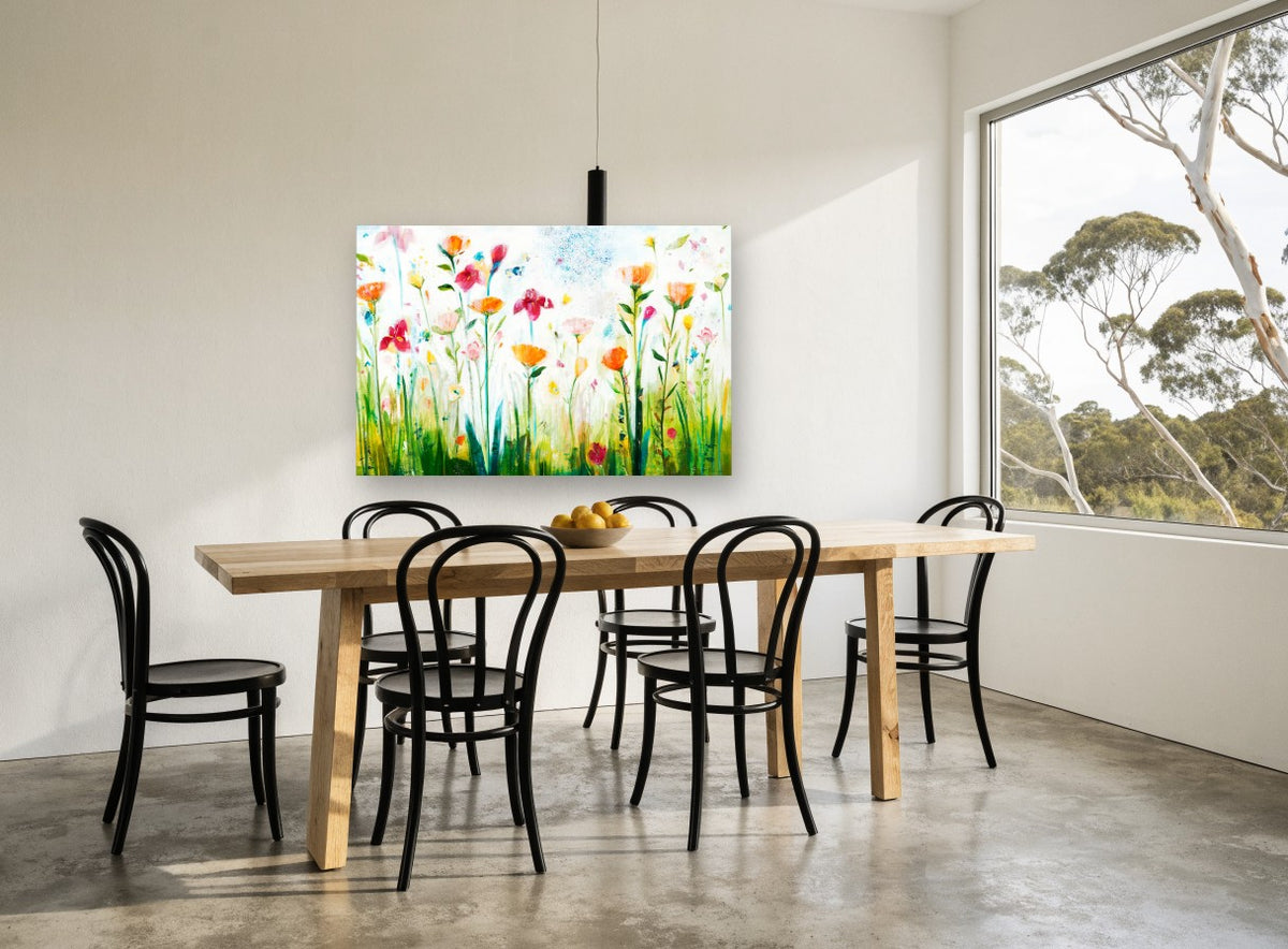 Meadow Bloom Chorus floral canvas print on the wall of a dining room