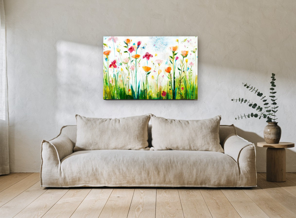 Meadow Bloom Chorus floral canvas print on the wall of a living room