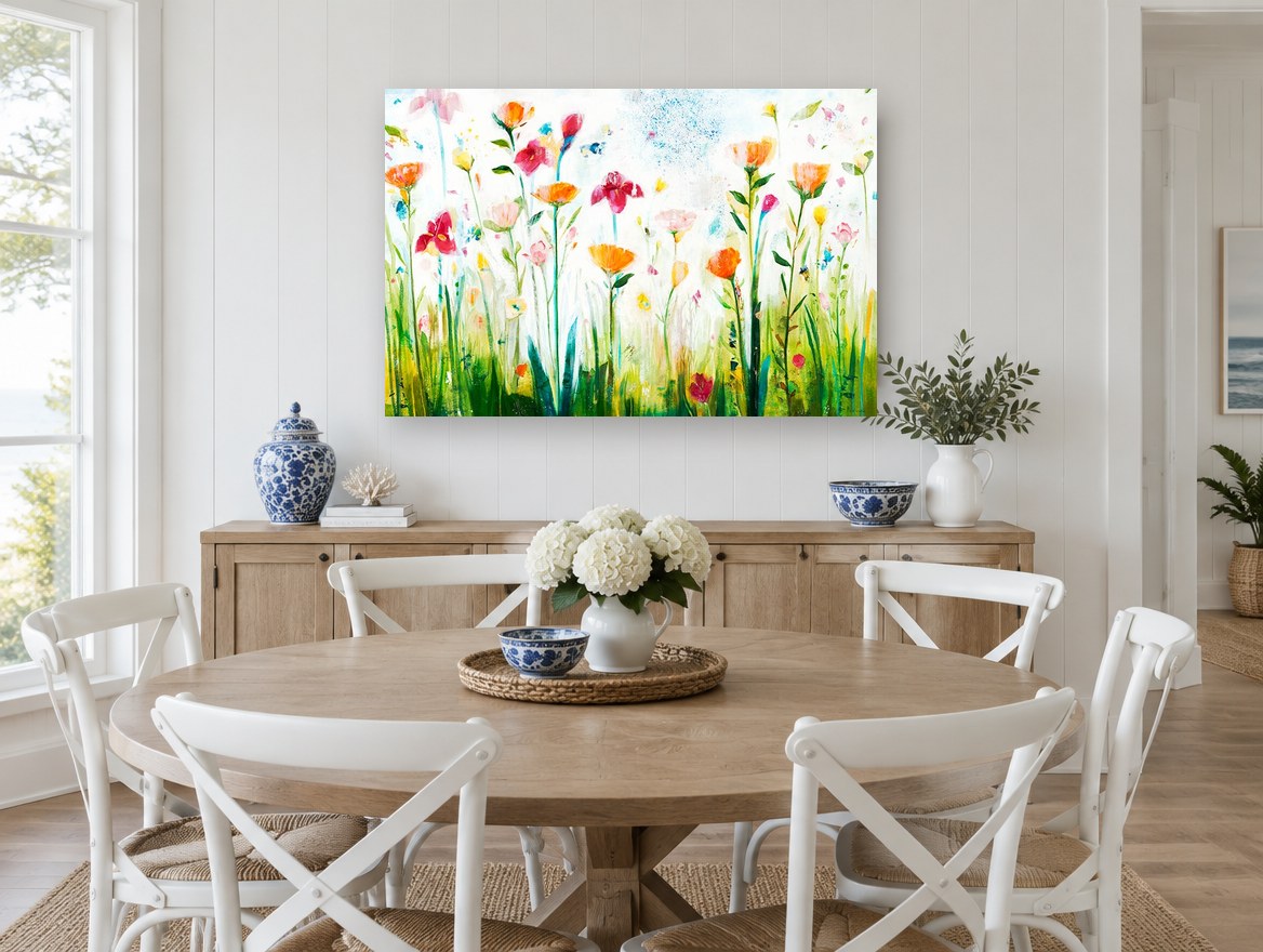 Meadow Bloom Chorus floral canvas print on the wall of a Hamptons dining room