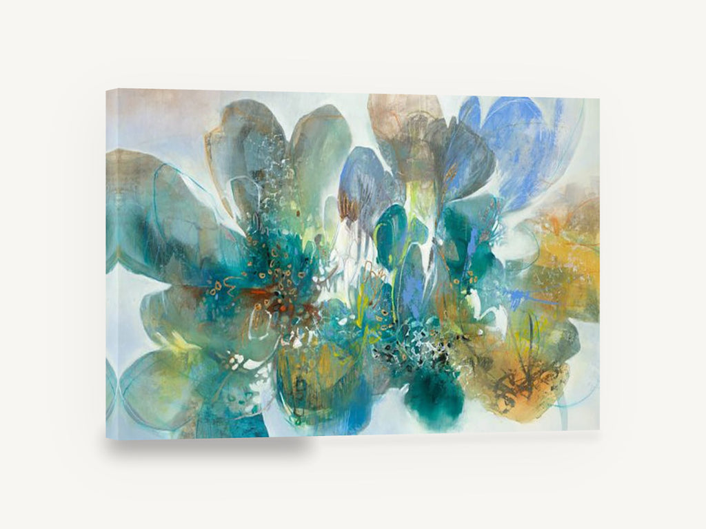 Teal Petal Drift, abstract teal blue floral painting, floral canvas wall art print ready to hang