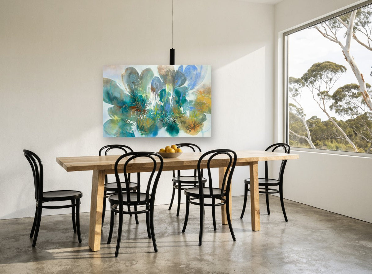Teal Petal Drift floral canvas print on the wall of a dining room