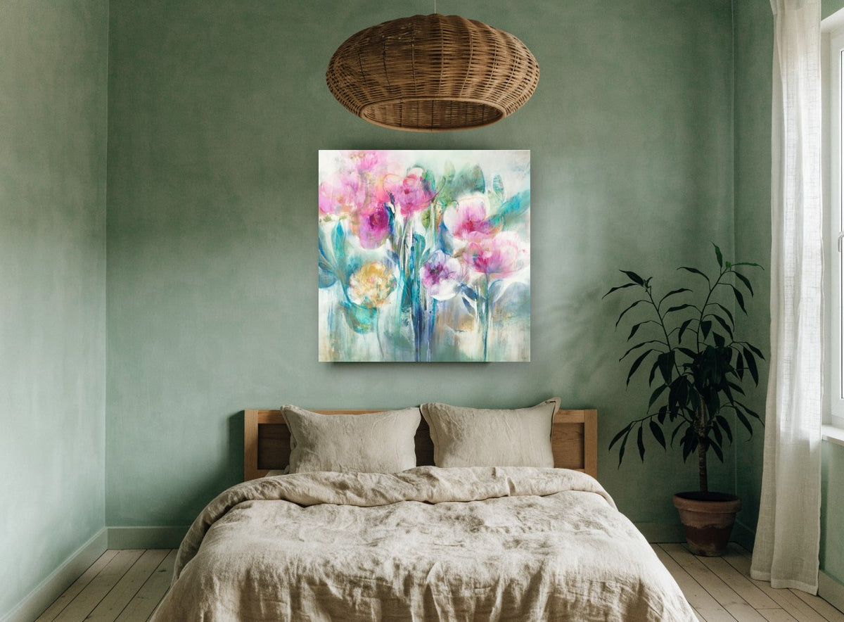 Soft Pink Garden floral canvas print on the wall of a bedroom