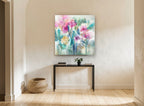 Soft Pink Garden floral canvas print on the wall of a hallway