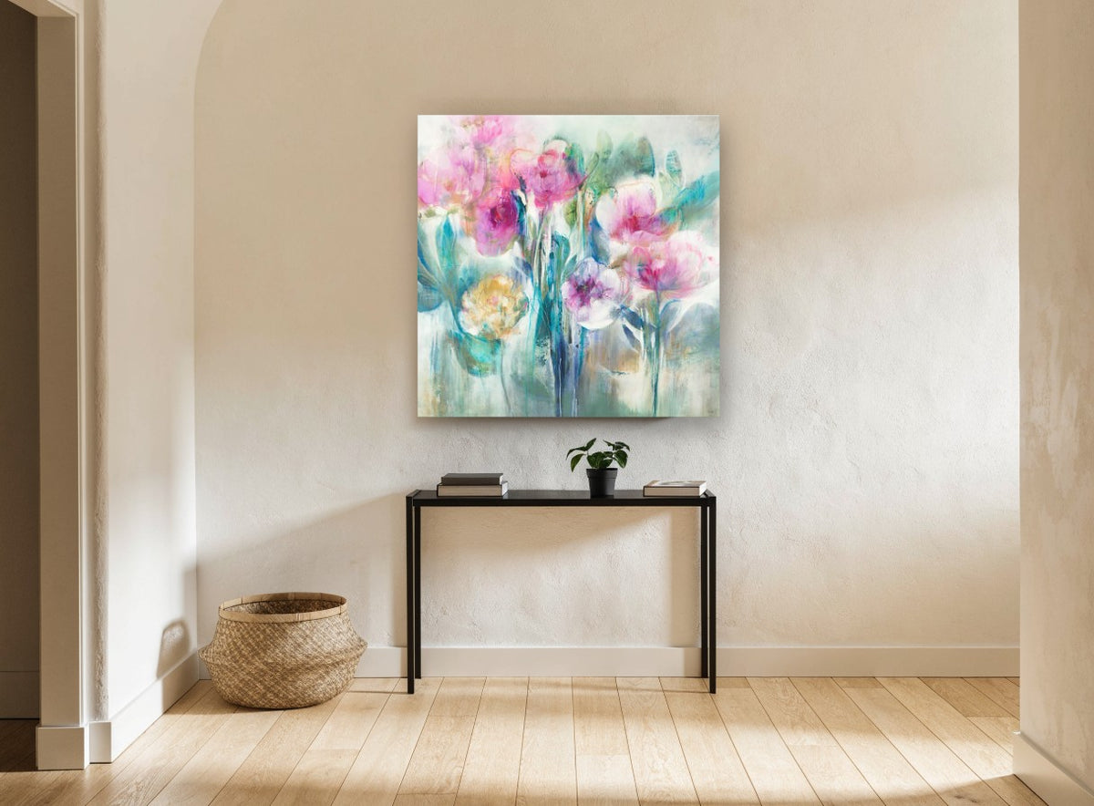 Soft Pink Garden floral canvas print on the wall of a hallway