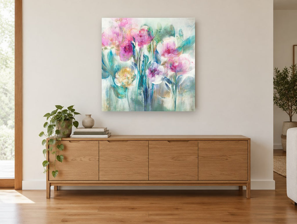 Soft Pink Garden floral canvas print on the wall of a living room above a sideboard