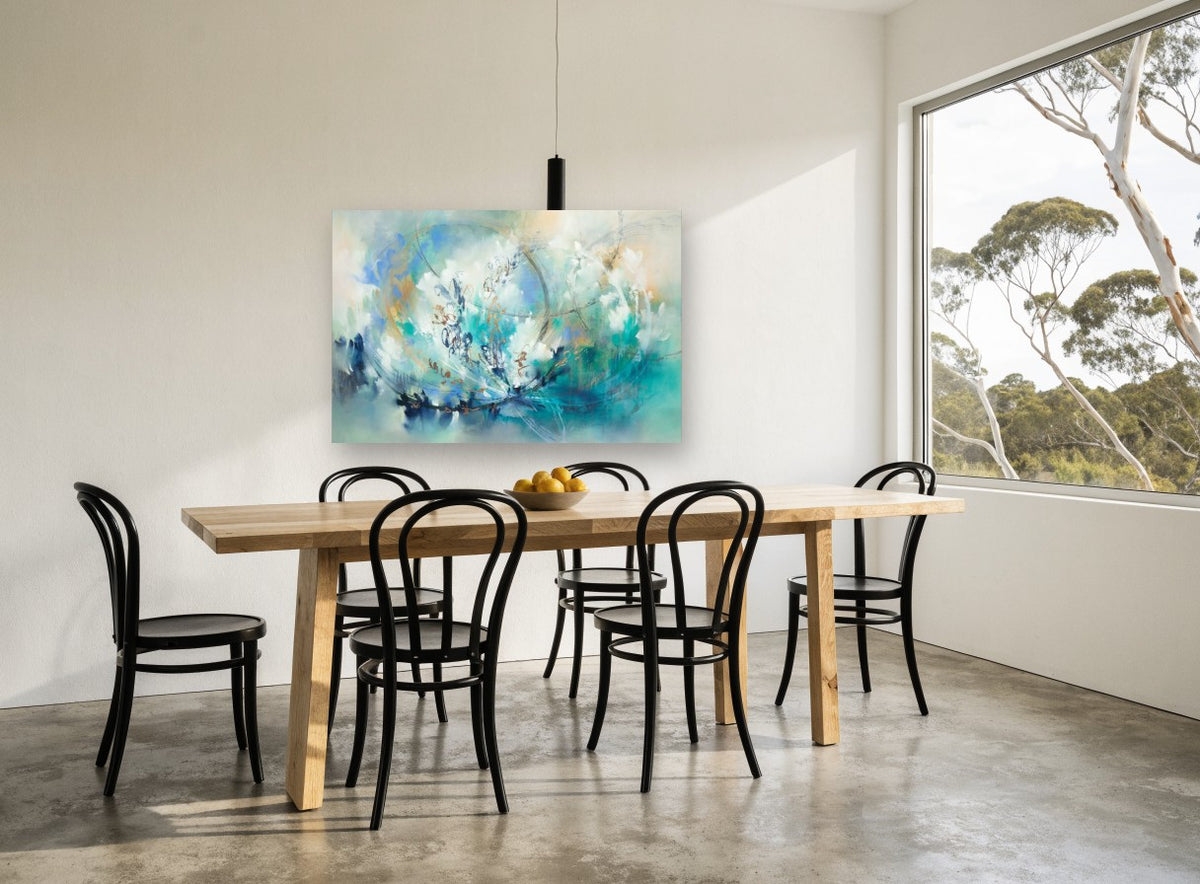 Teal Orbit Bloom floral canvas print on the wall of a dining room