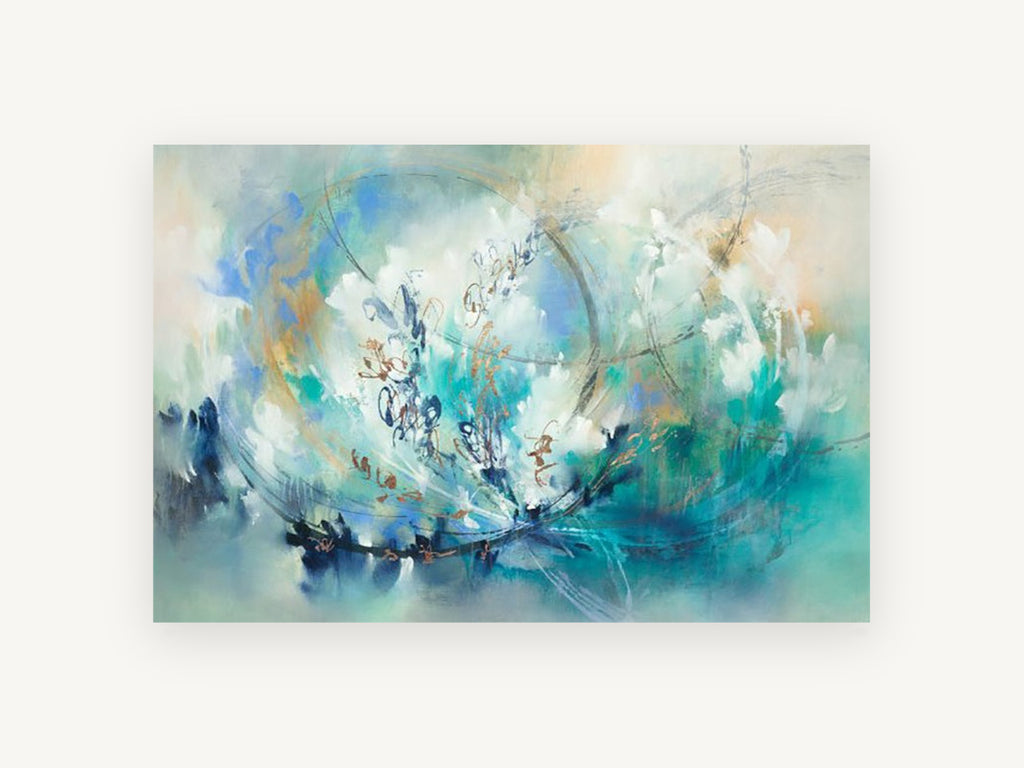 Teal Orbit Bloom, floral canvas wall art print, front view