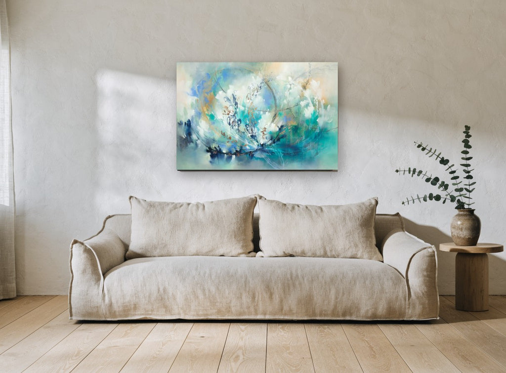 Teal Orbit Bloom floral canvas print on the wall of a living room