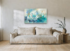 Teal Orbit Bloom floral canvas print on the wall of a living room