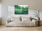 Misty Meadow Blooms floral canvas print on the wall of a living room