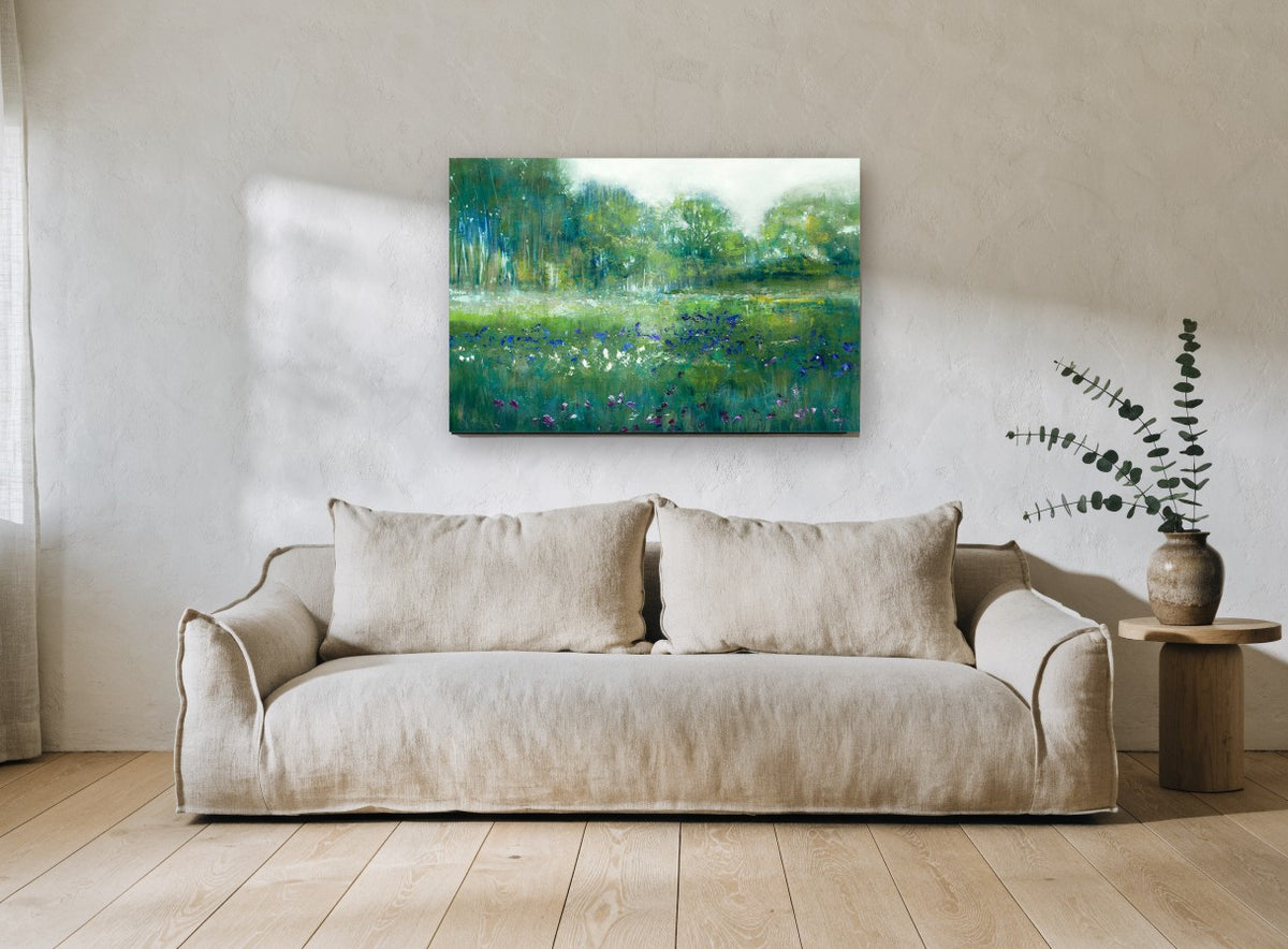 Misty Meadow Blooms floral canvas print on the wall of a living room