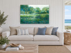Misty Meadow Blooms floral canvas print on the wall of a beach house living room
