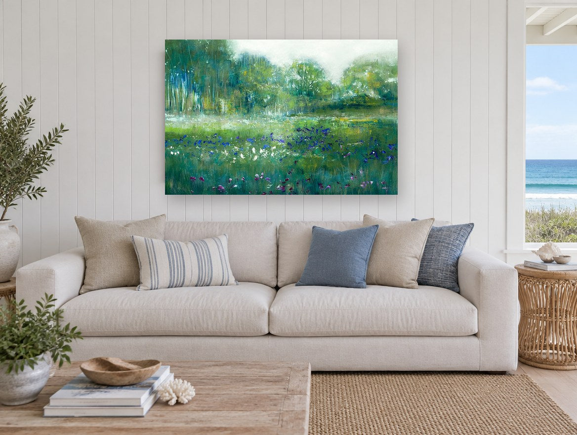 Misty Meadow Blooms floral canvas print on the wall of a beach house living room