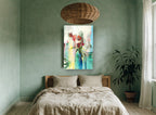 Teal Vase Bouquet floral canvas print on the wall of a bedroom