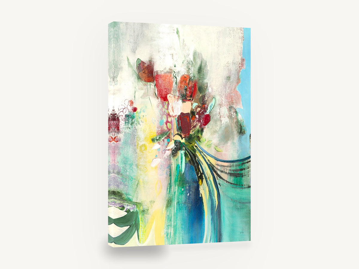 Teal Vase Bouquet, abstract red flowers teal vase painting, floral canvas wall art print ready to hang