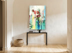 Teal Vase Bouquet floral canvas print on the wall of a hallway