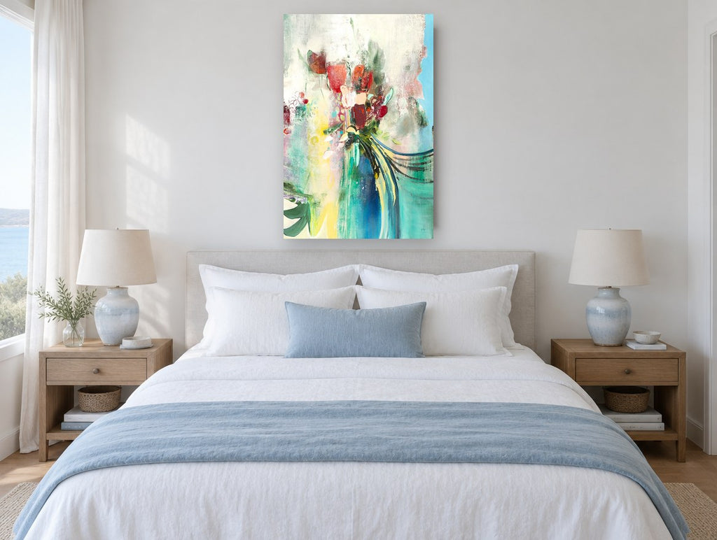 Teal Vase Bouquet floral canvas print on the wall of a coastal bedroom