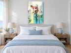 Teal Vase Bouquet floral canvas print on the wall of a coastal bedroom