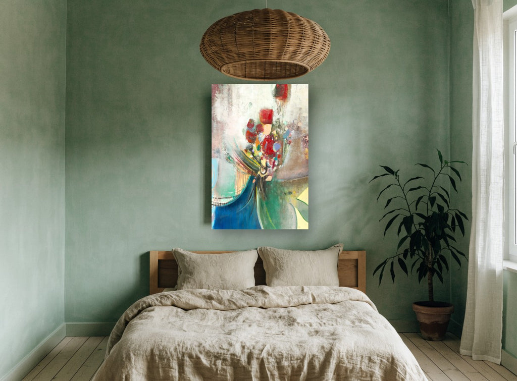 Red Bouquet Celebration floral canvas print on the wall of a bedroom