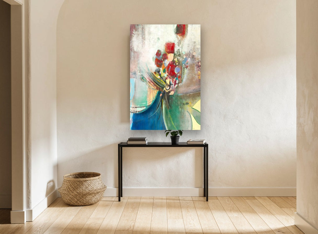 Red Bouquet Celebration floral canvas print on the wall of a hallway