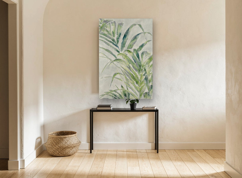 Soft Green Fronds floral canvas print on the wall of a hallway