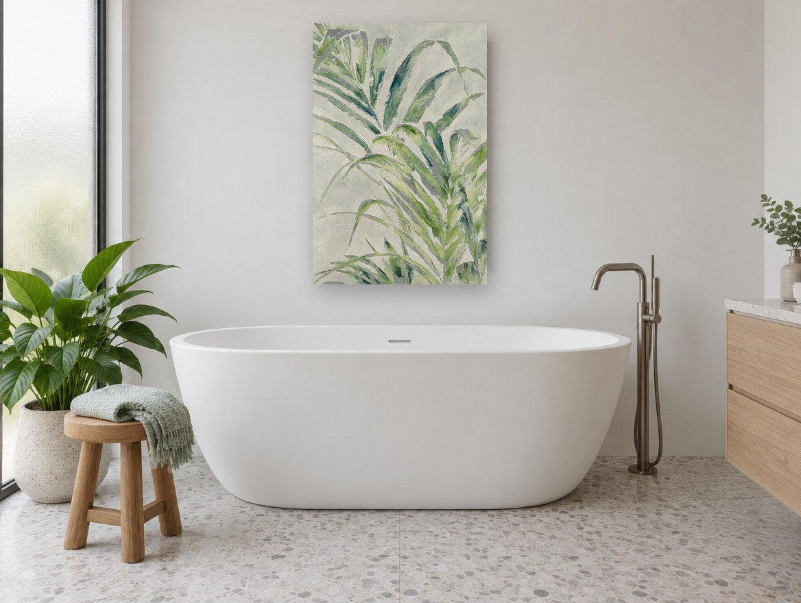 Soft Green Fronds floral canvas print on the wall of a bathroom