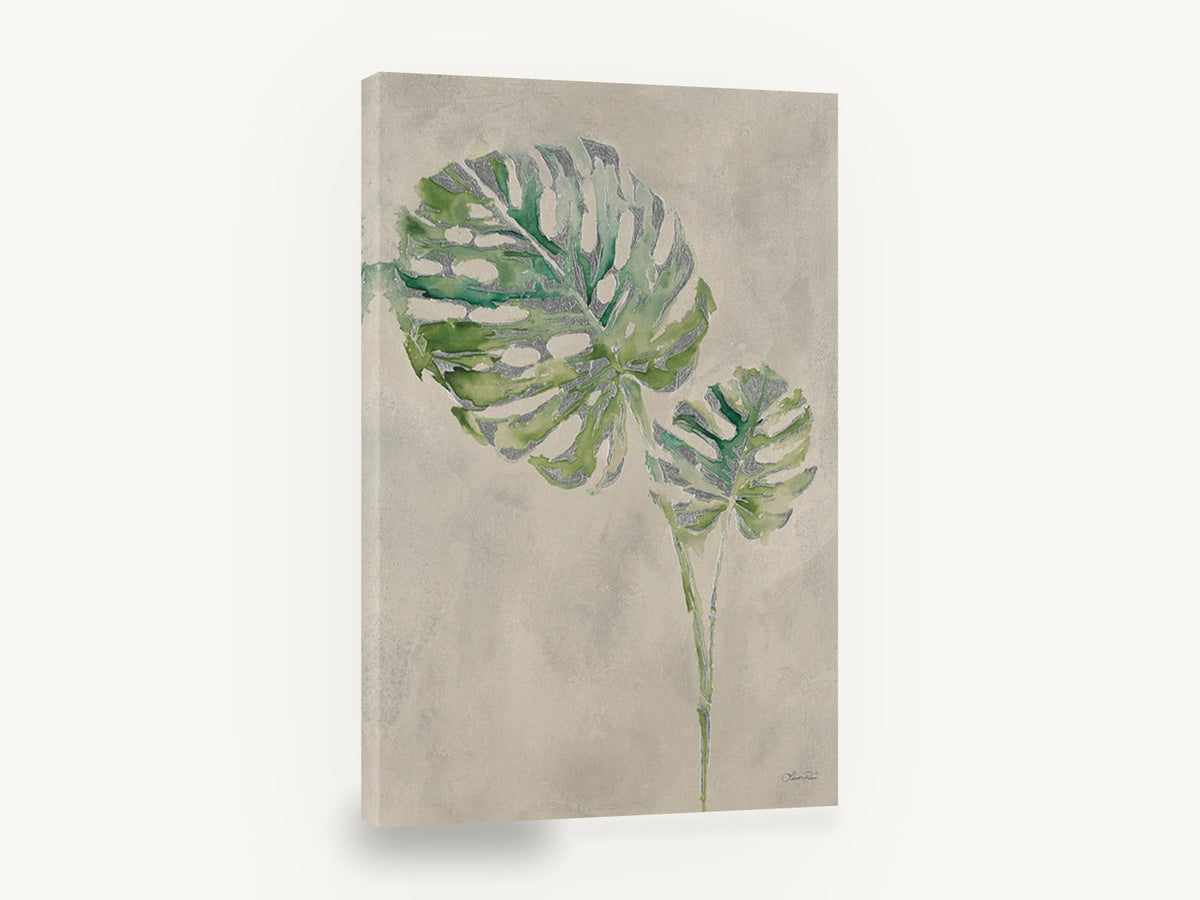 Silver Monstera Pair, monstera leaves watercolour botanical, floral canvas wall art print ready to hang