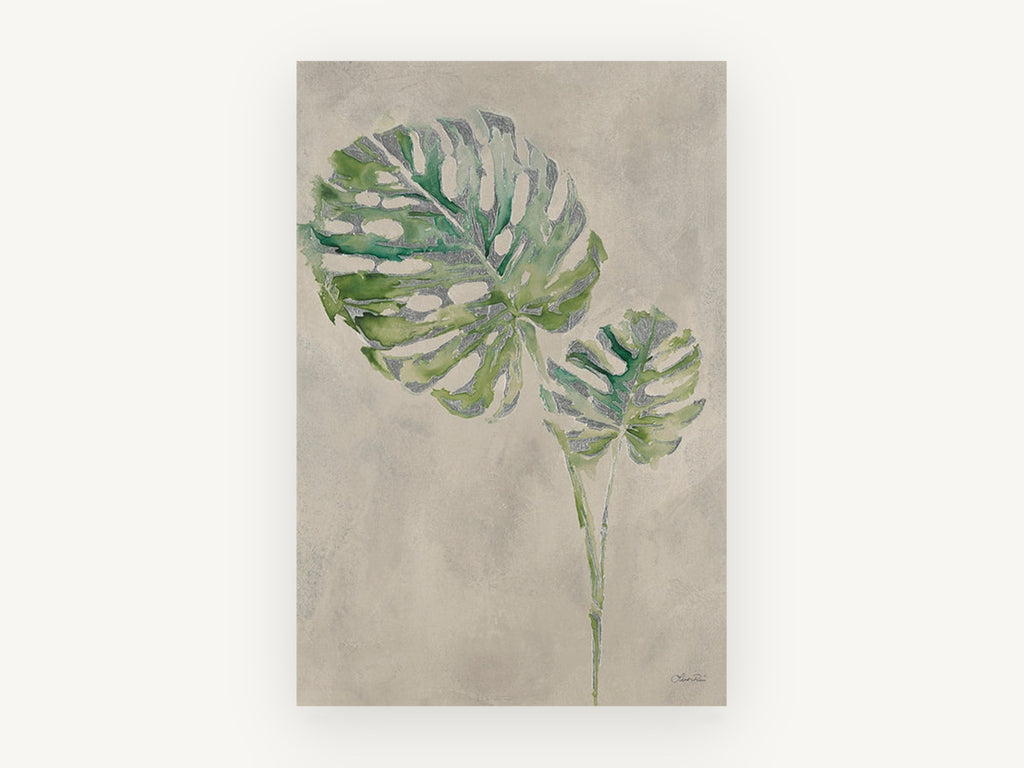 Silver Monstera Pair, floral canvas wall art print, front view