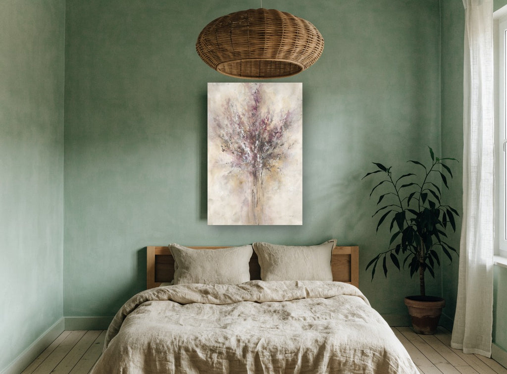 Soft Lilac Bouquet floral canvas print on the wall of a bedroom