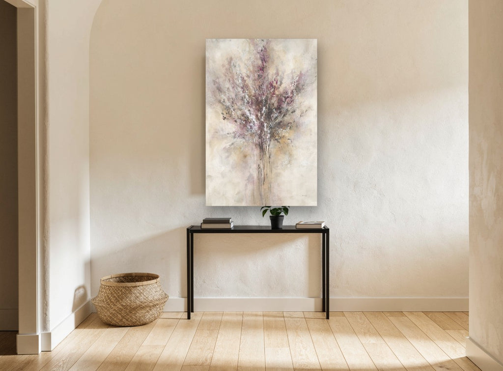 Soft Lilac Bouquet floral canvas print on the wall of a hallway