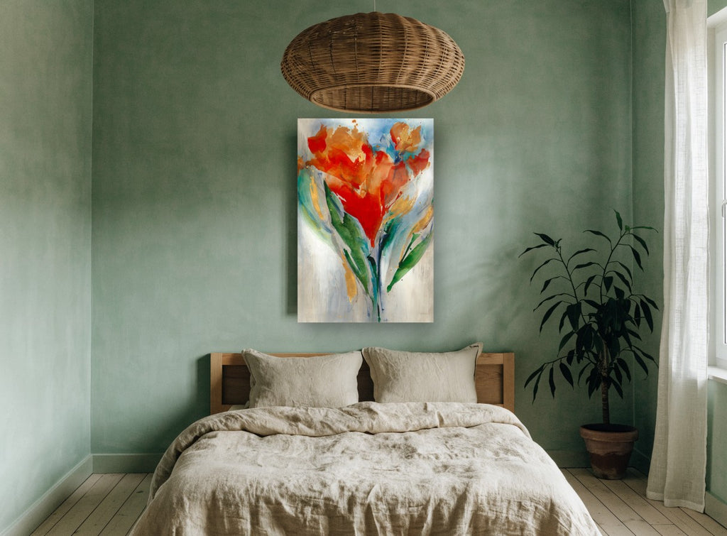 Scarlet Gold Bouquet floral canvas print on the wall of a bedroom