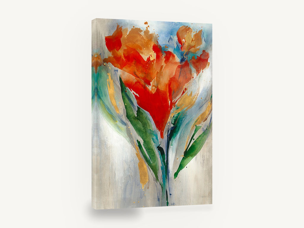 Scarlet Gold Bouquet, red orange abstract floral bouquet, floral canvas wall art print ready to hang