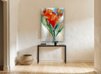 Scarlet Gold Bouquet floral canvas print on the wall of a hallway
