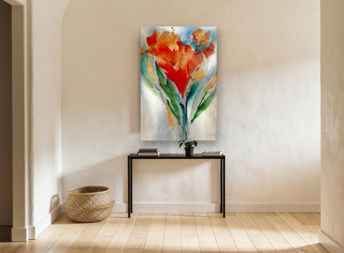 Scarlet Gold Bouquet floral canvas print on the wall of a hallway