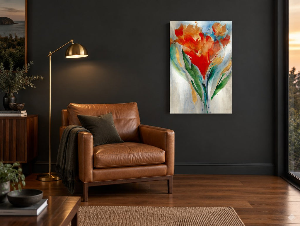 Scarlet Gold Bouquet floral canvas print on the wall of a charcoal living room